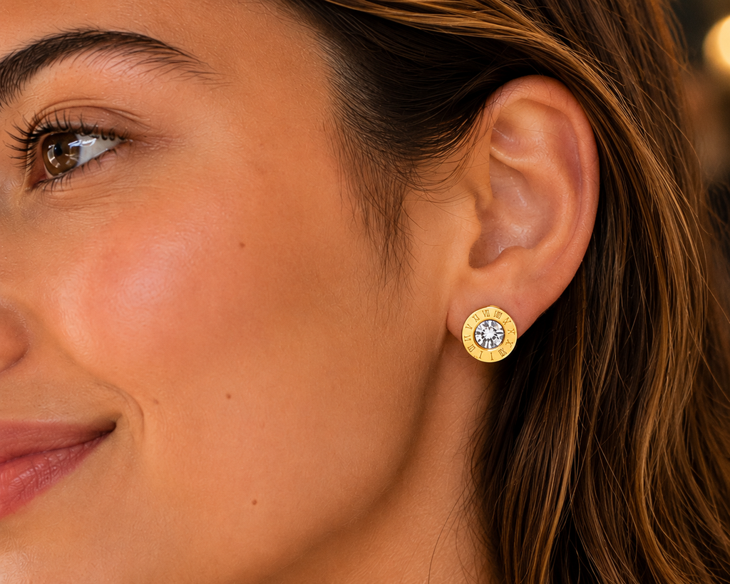 8mm Roman Numeral Stud Earrings | Waterproof Tarnish-Free 18K Gold Plated Stainless Steel Earrings for Women and Men