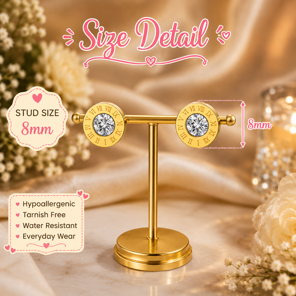 8mm Roman Numeral Stud Earrings | Waterproof Tarnish-Free 18K Gold Plated Stainless Steel Earrings for Women and Men