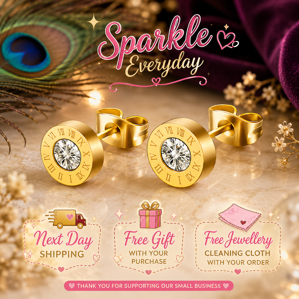 8mm Roman Numeral Stud Earrings | Waterproof Tarnish-Free 18K Gold Plated Stainless Steel Earrings for Women and Men