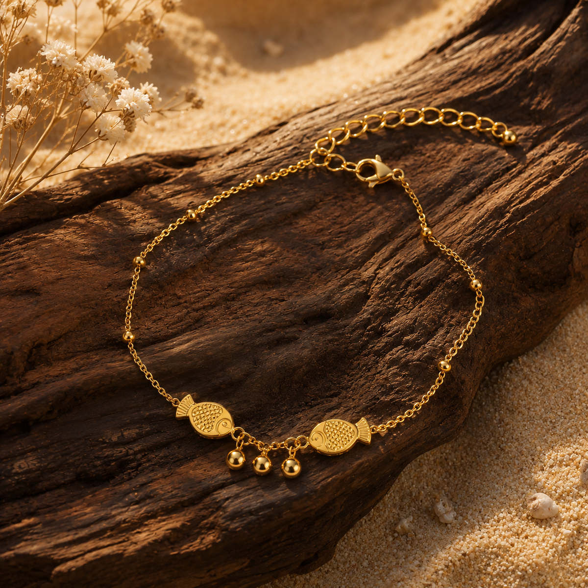 Fish Charm Anklet for Women – Waterproof Gold Stainless Steel Anklet, Tarnish-Free Adjustable Beach Anklet, Dainty Foot Jewelry Gift