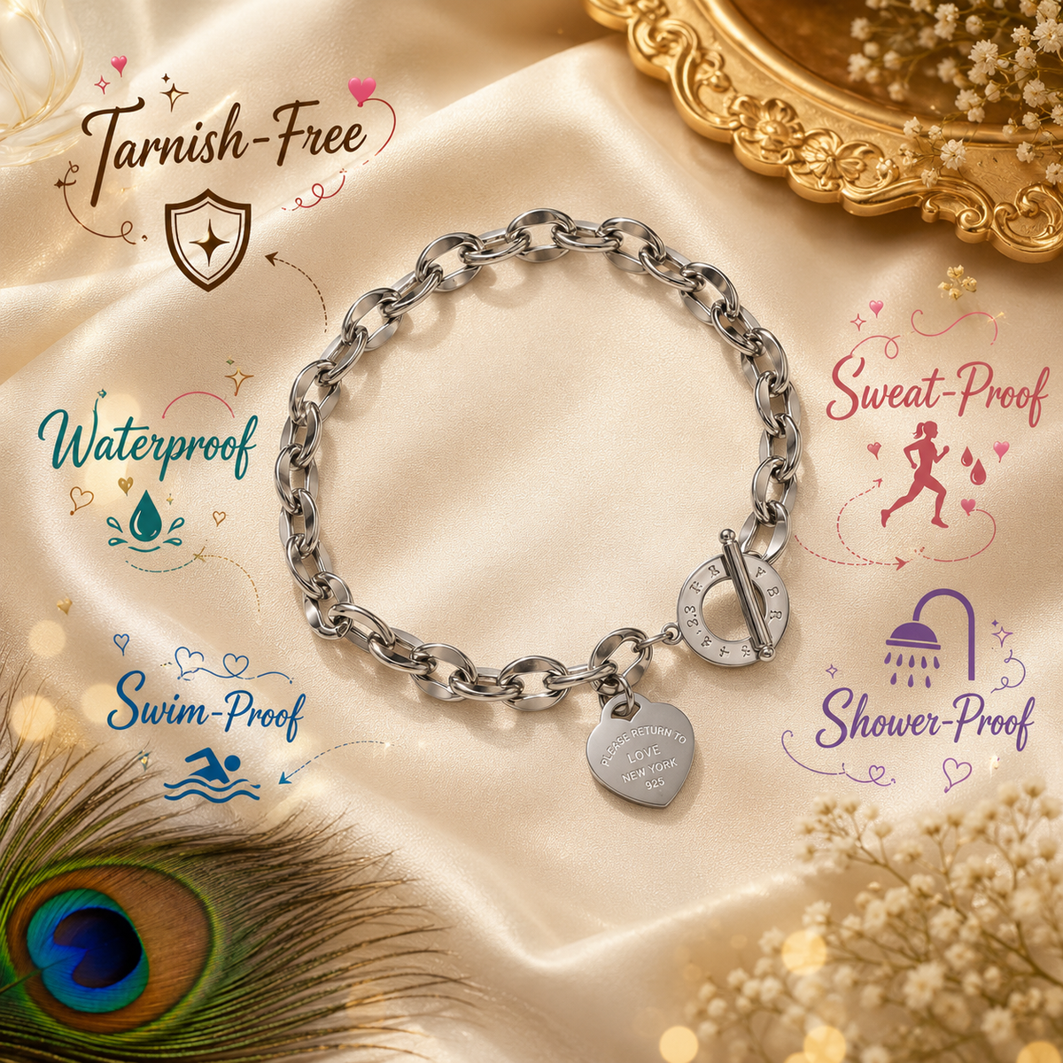 Luxury Heart Charm Chain Bracelet – Gold & Silver Stainless Steel Waterproof Bracelet | Tarnish-Free Women's Jewelry