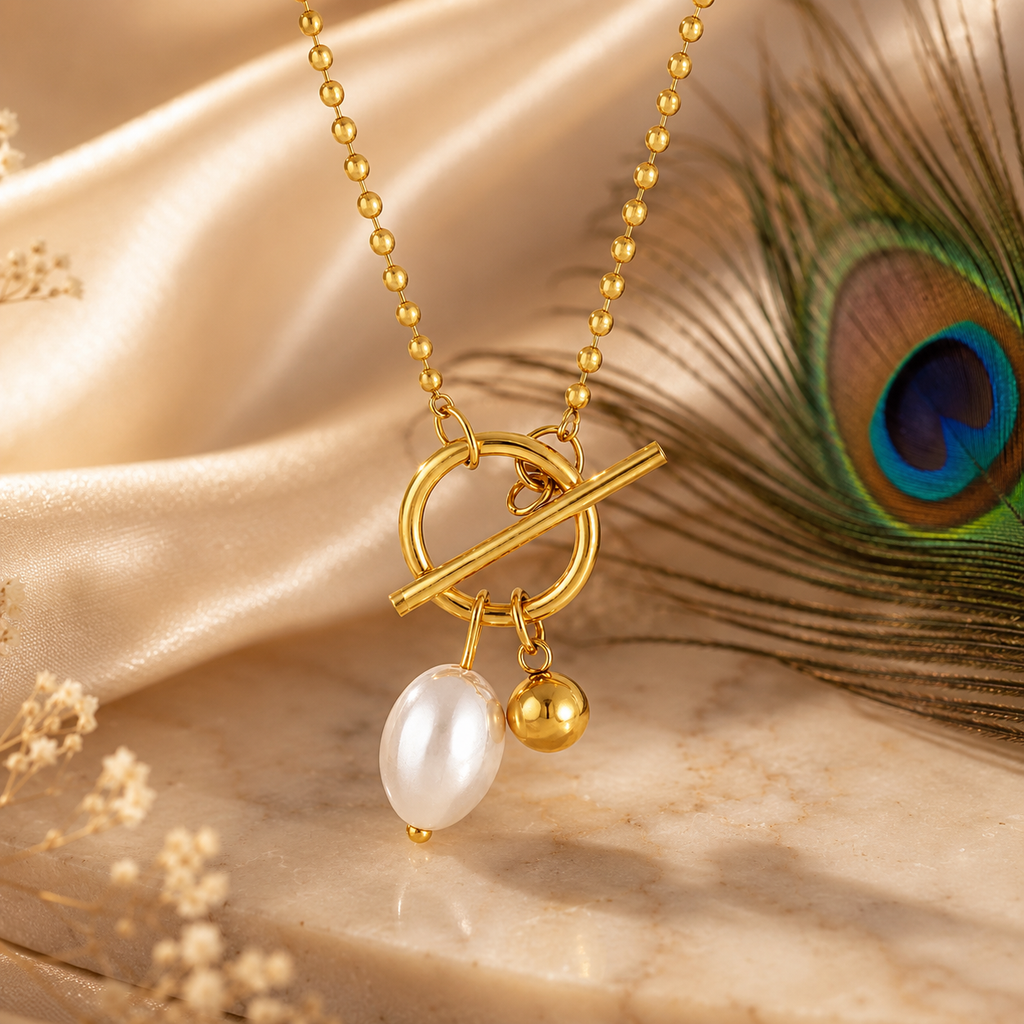 Luna Pearl Toggle Necklace – 18K Gold Plated Freshwater Pearl Pendant Necklace for Women | Waterproof & Tarnish Resistant