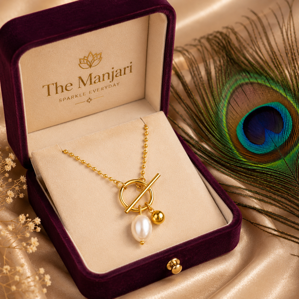 Luna Pearl Toggle Necklace – 18K Gold Plated Freshwater Pearl Pendant Necklace for Women | Waterproof & Tarnish Resistant
