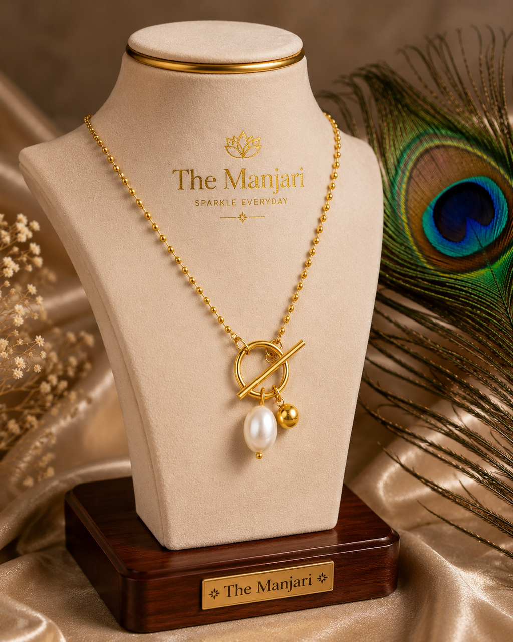 Luna Pearl Toggle Necklace – 18K Gold Plated Freshwater Pearl Pendant Necklace for Women | Waterproof & Tarnish Resistant