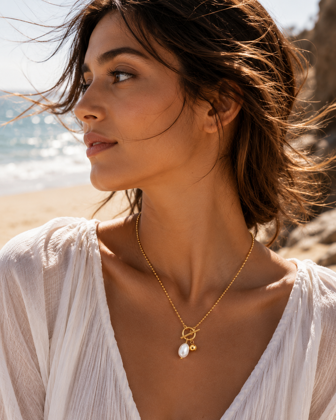 Luna Pearl Toggle Necklace – 18K Gold Plated Freshwater Pearl Pendant Necklace for Women | Waterproof & Tarnish Resistant