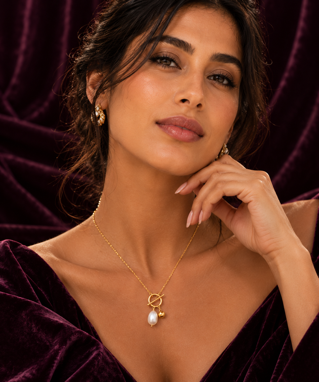 Luna Pearl Toggle Necklace – 18K Gold Plated Freshwater Pearl Pendant Necklace for Women | Waterproof & Tarnish Resistant