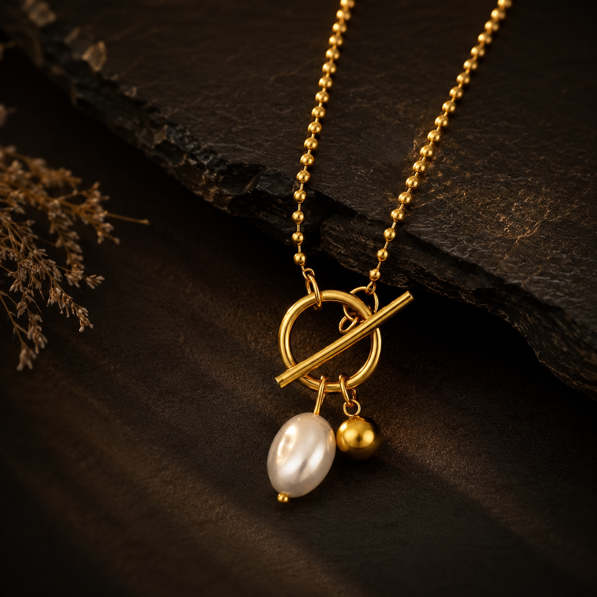Luna Pearl Toggle Necklace – 18K Gold Plated Freshwater Pearl Pendant Necklace for Women | Waterproof & Tarnish Resistant