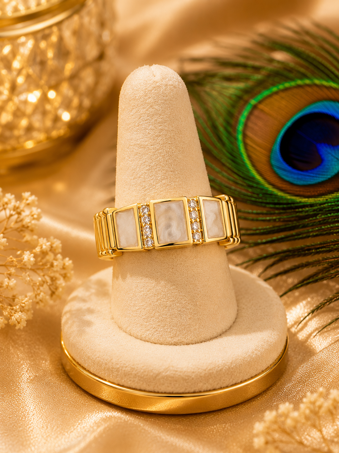 Adjustable Cubic Zirconia Gold Ring | Waterproof Tarnish-Free Stainless Steel Statement Ring for Women