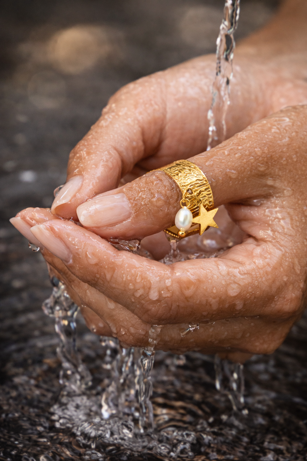 Adjustable Heart & Star Charm Ring | Waterproof 18K Gold Plated Stainless Steel Ring for Women