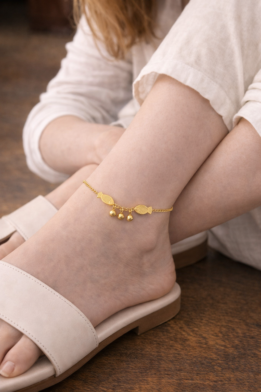 Fish Charm Anklet for Women – Waterproof Gold Stainless Steel Anklet, Tarnish-Free Adjustable Beach Anklet, Dainty Foot Jewelry Gift