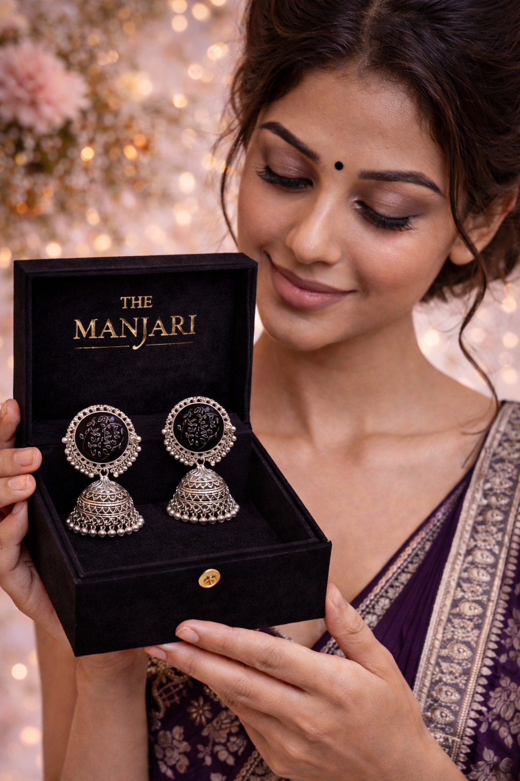 Vintage Black Stone Oxidised Jhumka Earrings