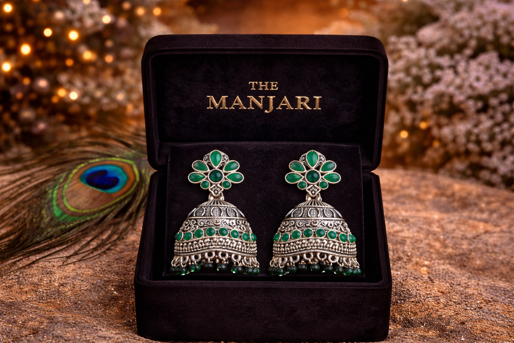 Oxidised Silver Floral Jhumka Earrings