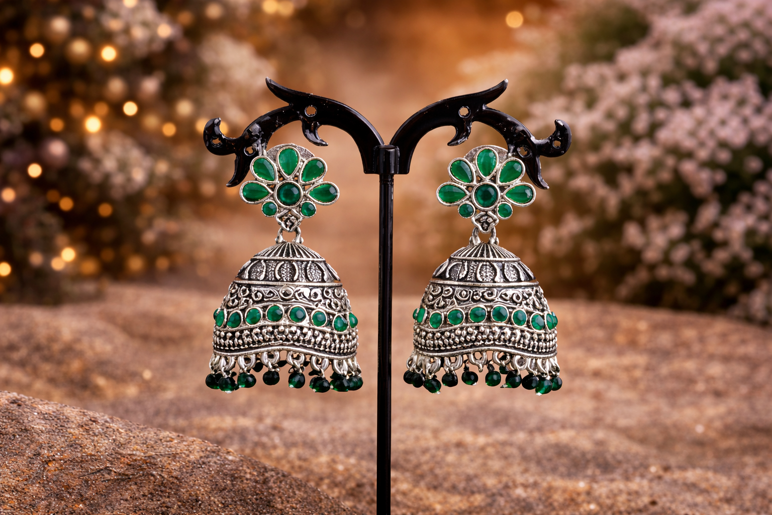 Oxidised Silver Floral Jhumka Earrings