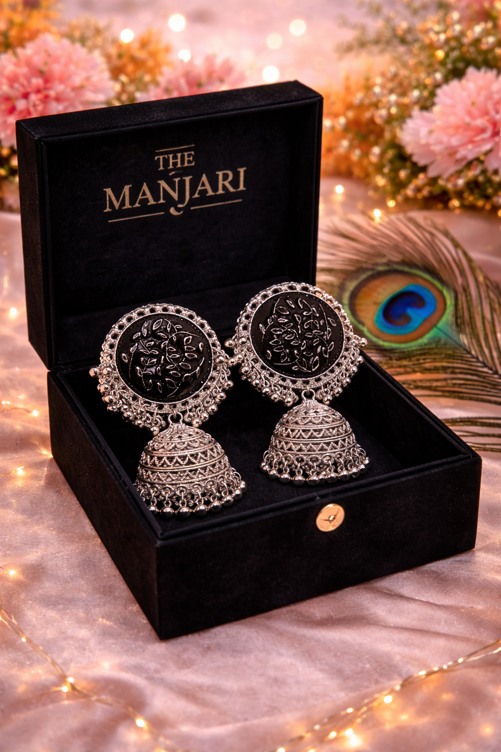 Vintage Black Stone Oxidised Jhumka Earrings