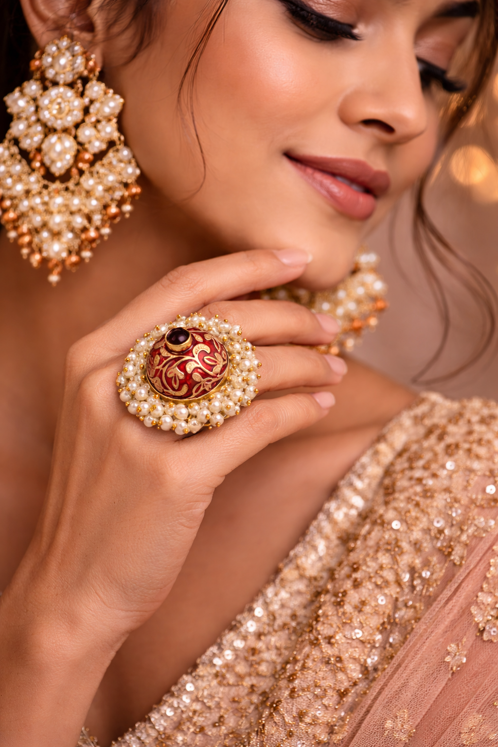 Traditional Red Meenakari Jhumka Ring