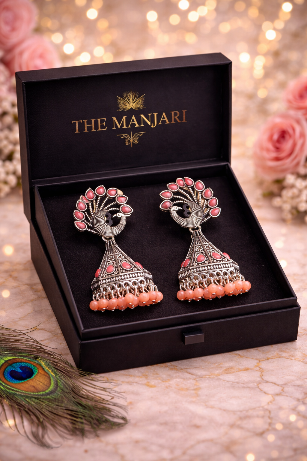 Peacock Grace Oxidised Jhumka Earrings