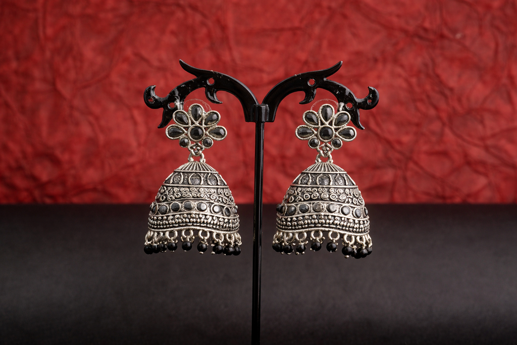 Oxidised Silver Floral Jhumka Earrings