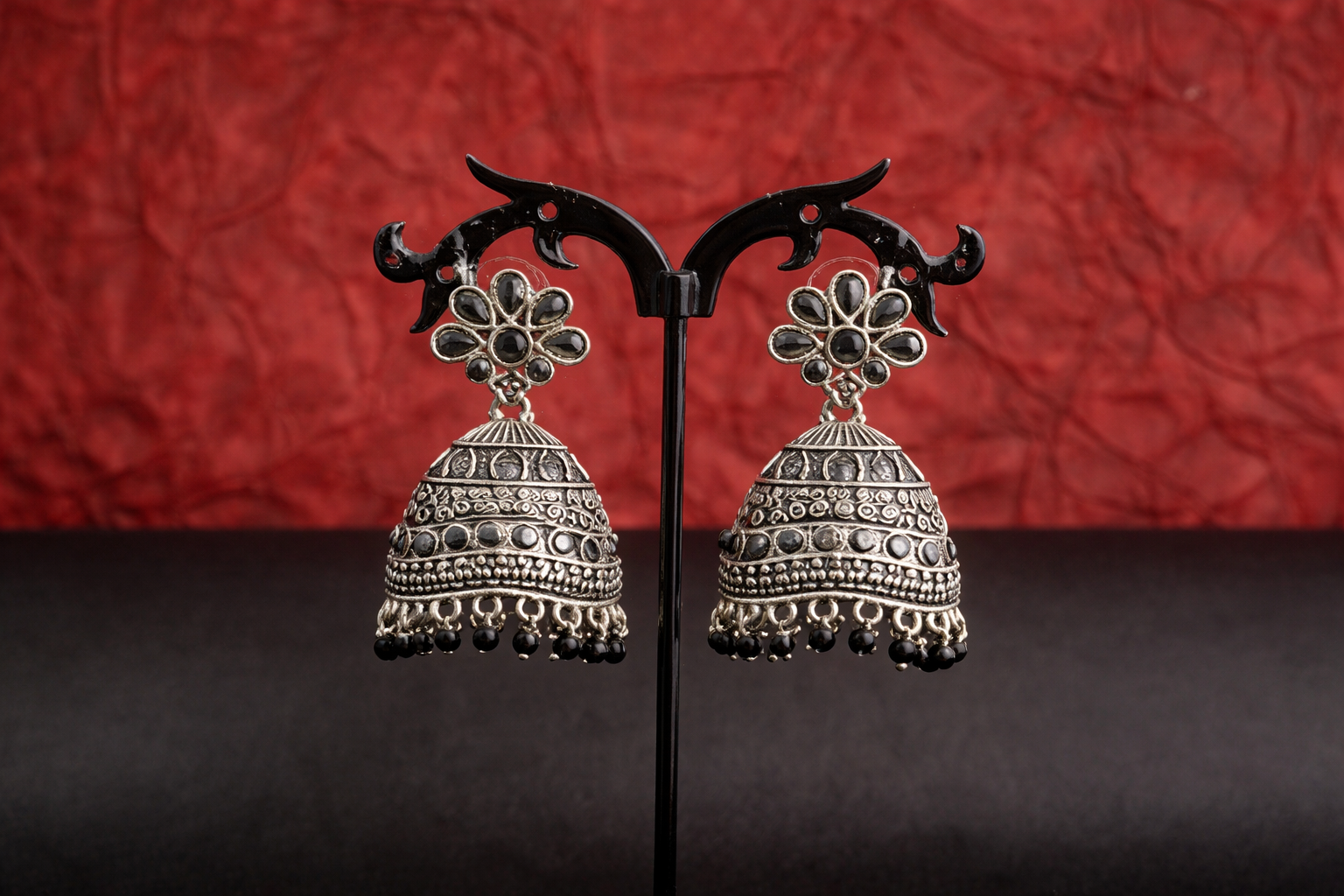 Oxidised Silver Floral Jhumka Earrings
