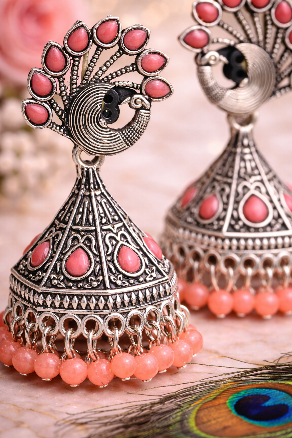 Peacock Grace Oxidised Jhumka Earrings