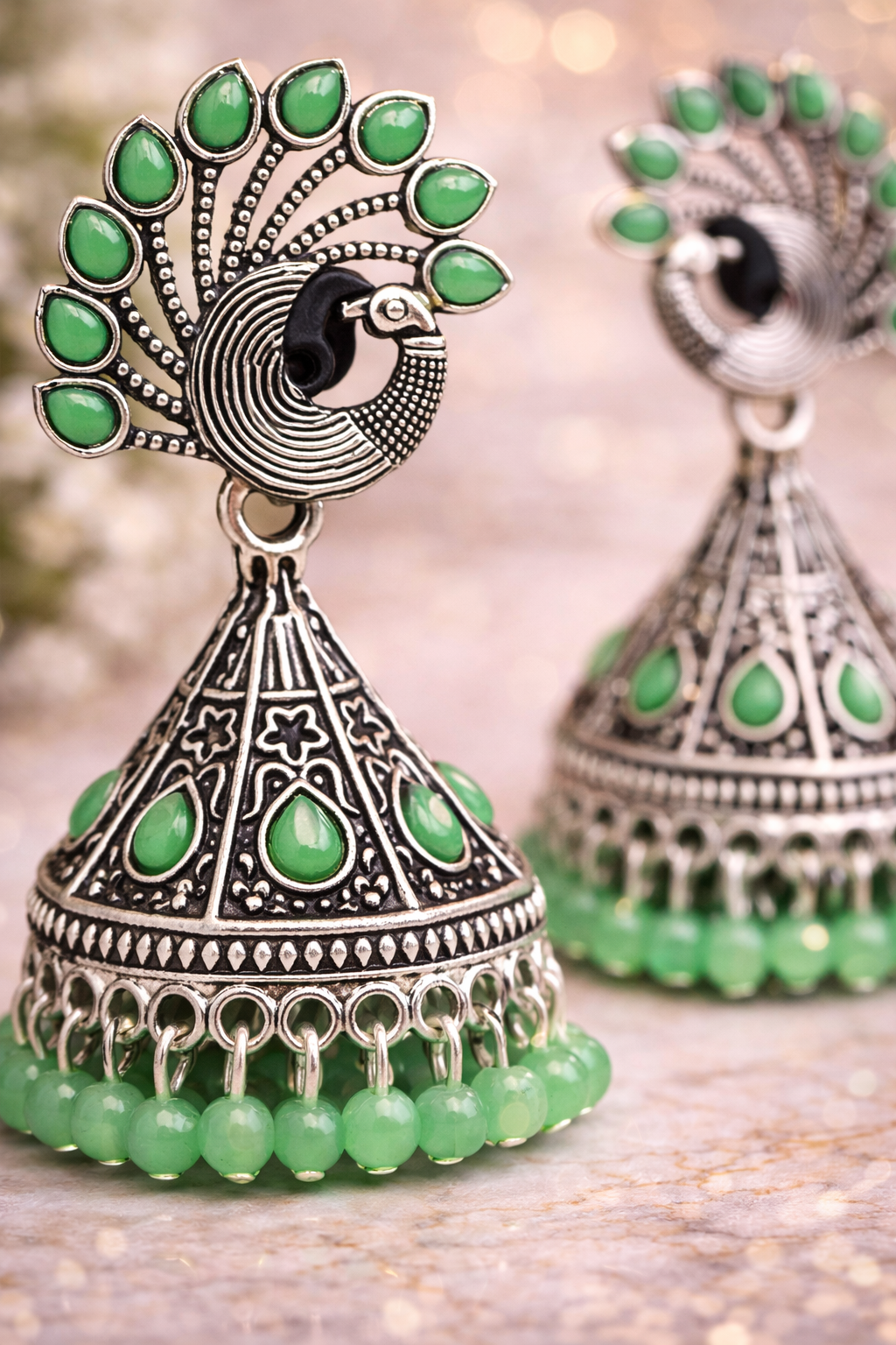 Peacock Grace Oxidised Jhumka Earrings