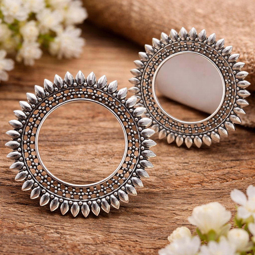 Sunburst Tribal Oxidised Hoop Earrings
