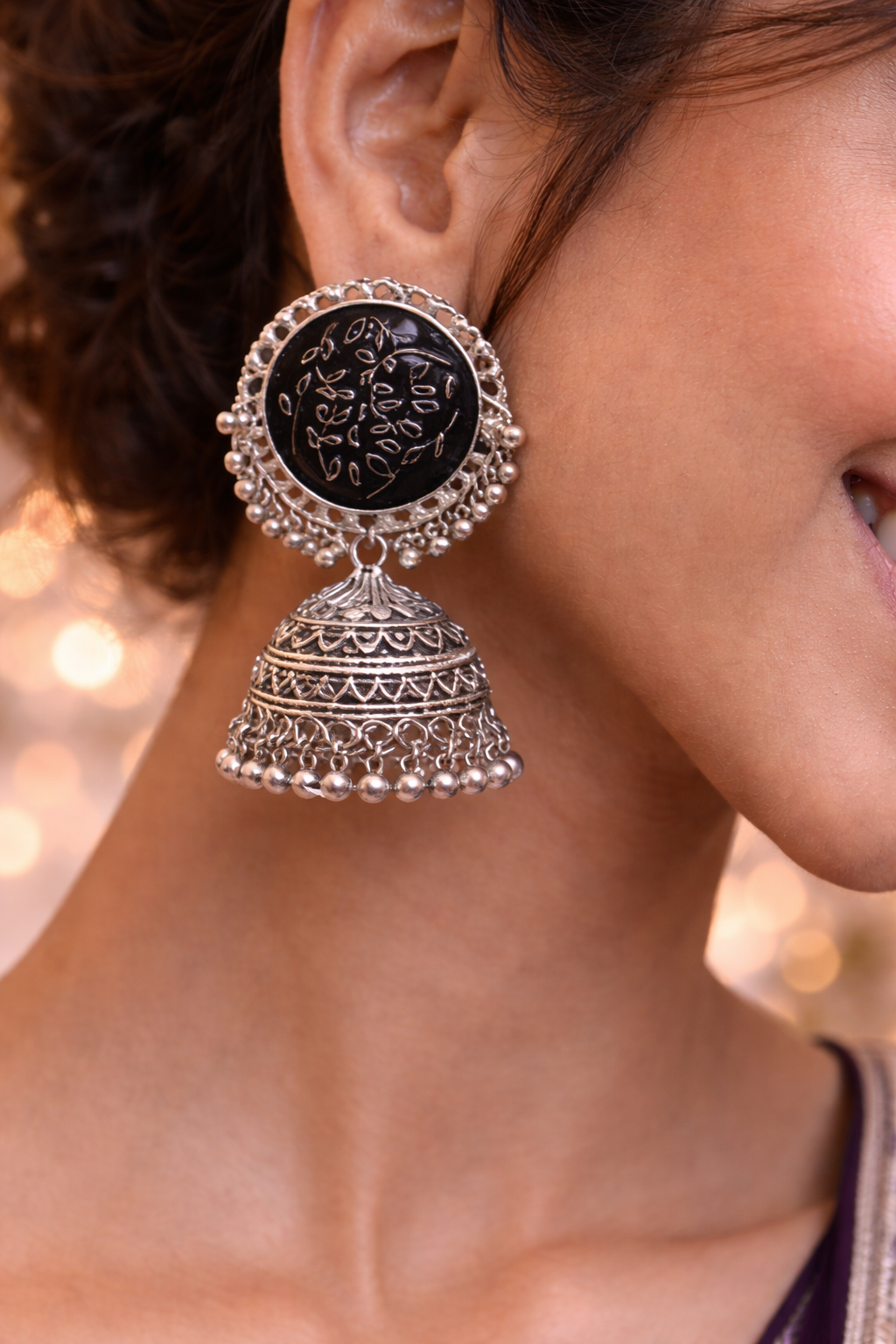 Vintage Black Stone Oxidised Jhumka Earrings
