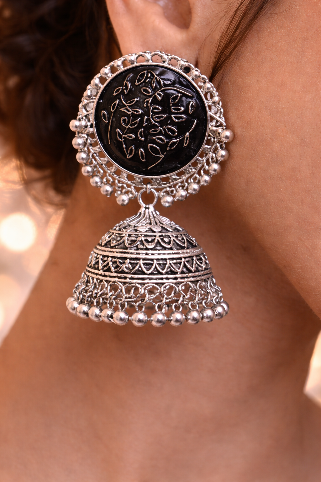 Vintage Black Stone Oxidised Jhumka Earrings