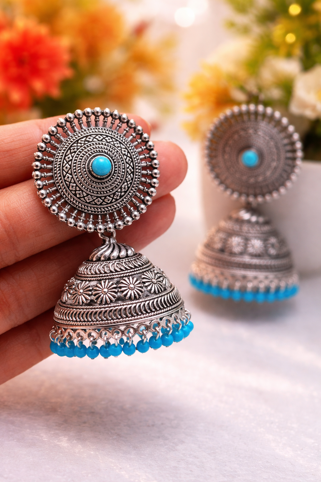 Oxidised Silver Jhumka Earrings