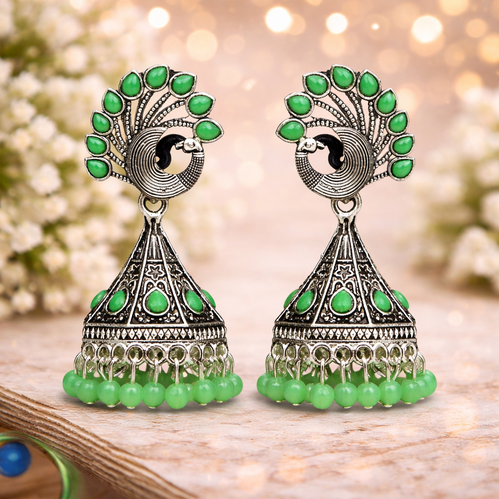 Peacock Grace Oxidised Jhumka Earrings