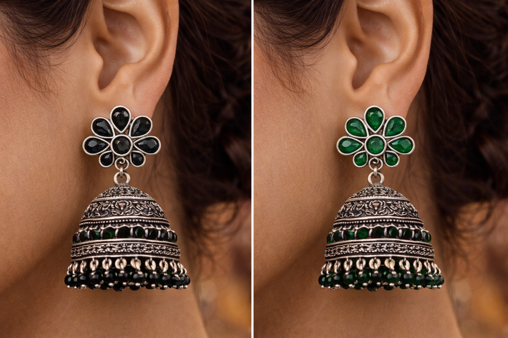 Oxidised Silver Floral Jhumka Earrings