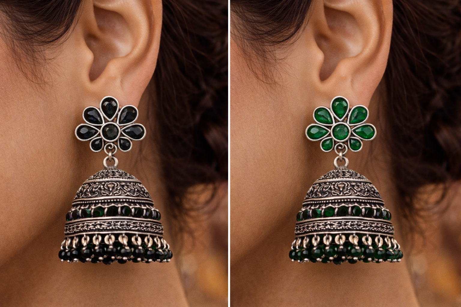 Oxidised Silver Floral Jhumka Earrings