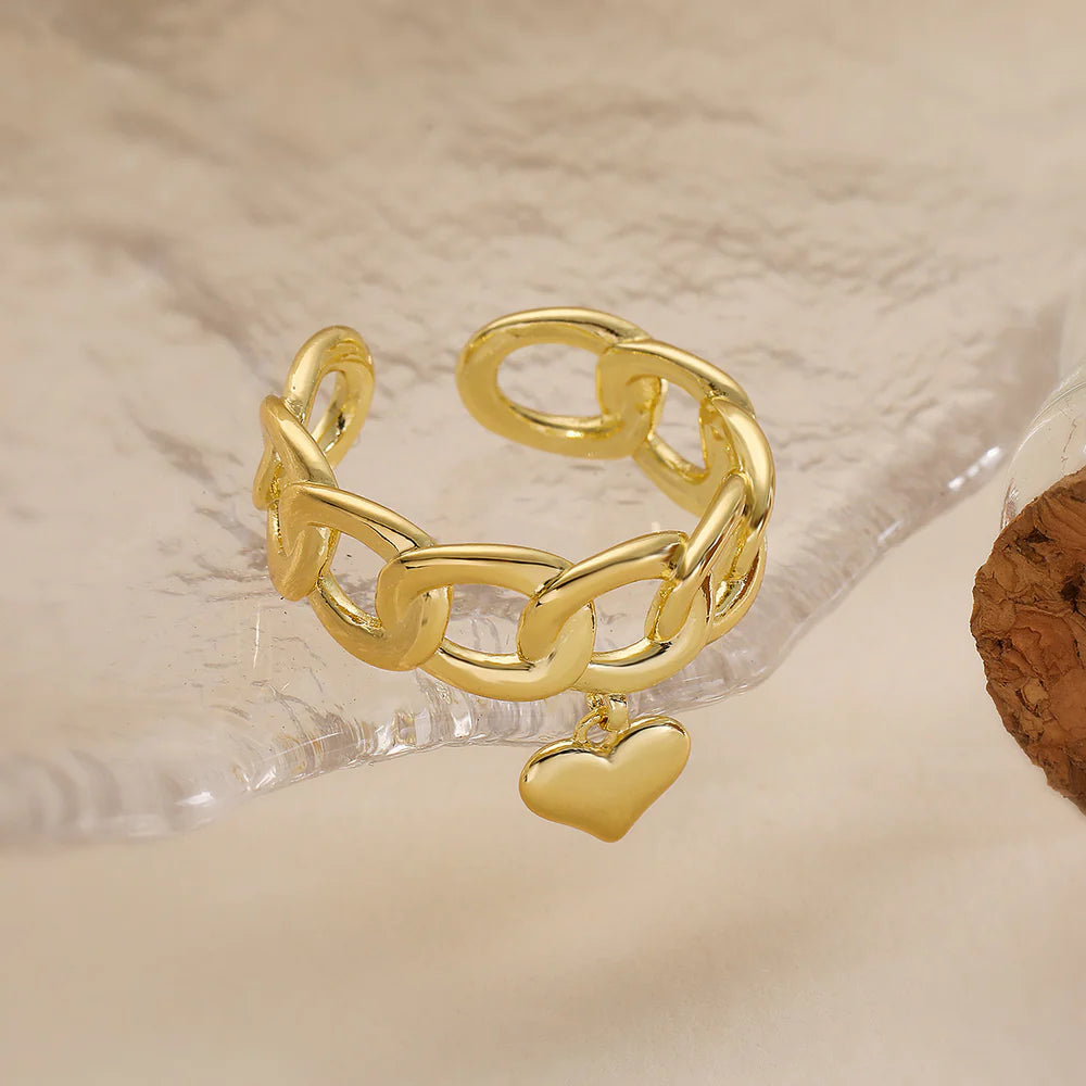Gold Chunky Chain Ring with Heart Charm