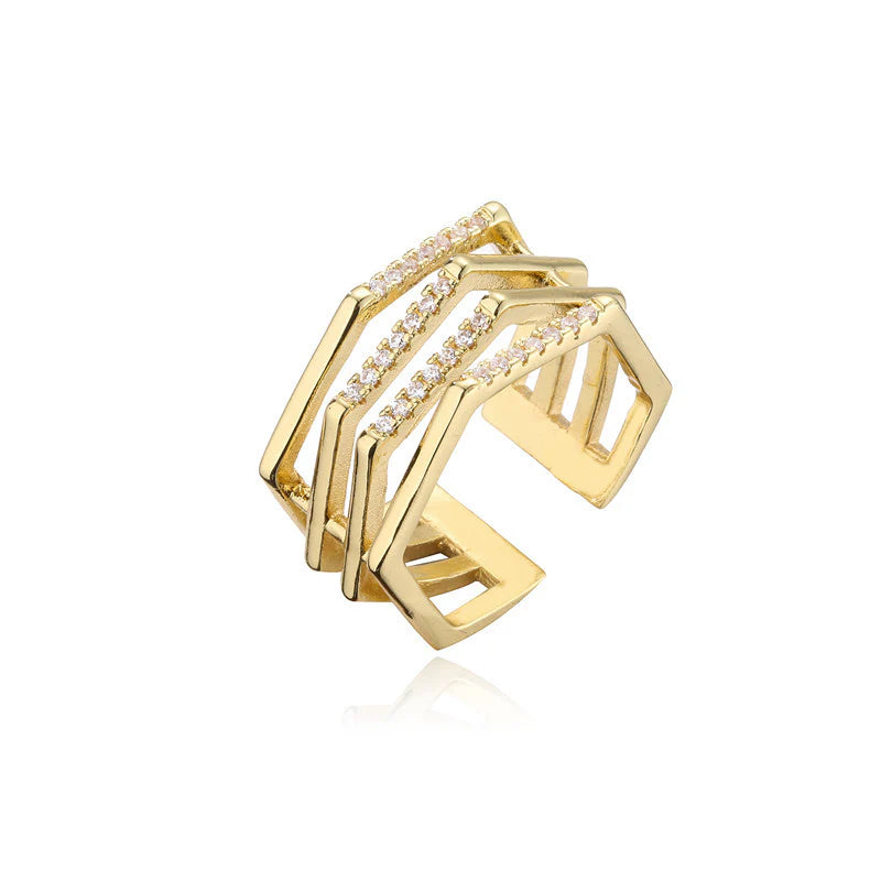 Adjustable Geometric Cubic Zirconia Ring | Waterproof 18K Gold Plated Stainless Steel Statement Ring for Women