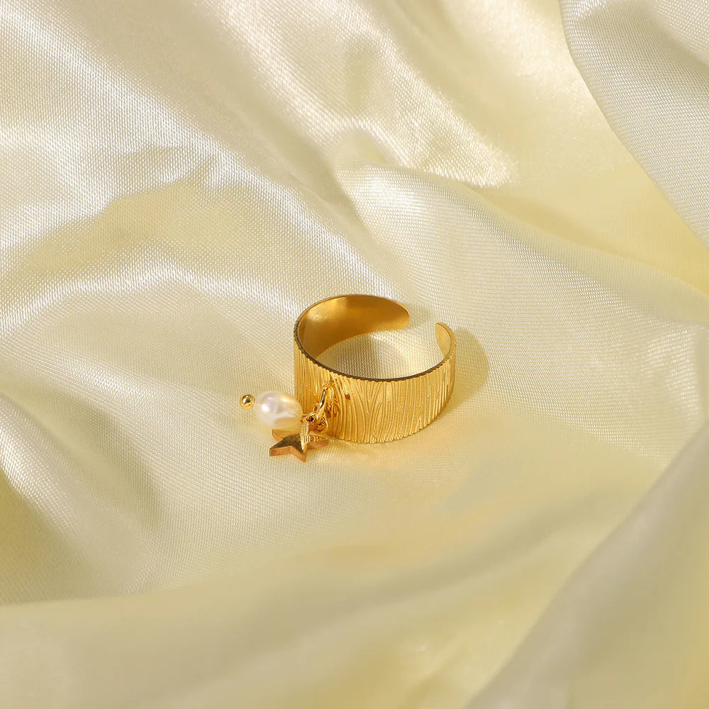 Adjustable Heart & Star Charm Ring | Waterproof 18K Gold Plated Stainless Steel Ring for Women