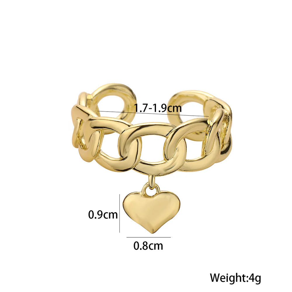 Gold Chunky Chain Ring with Heart Charm