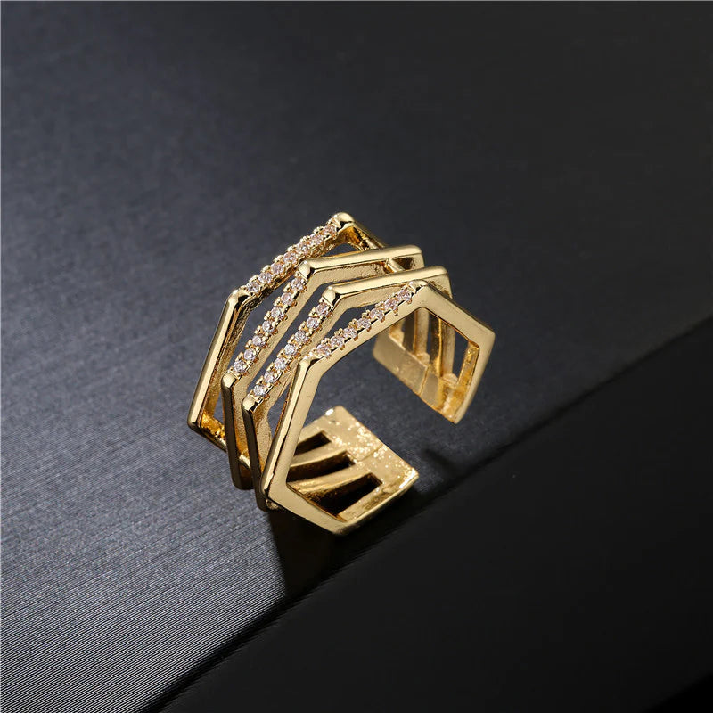 Adjustable Geometric Cubic Zirconia Ring | Waterproof 18K Gold Plated Stainless Steel Statement Ring for Women