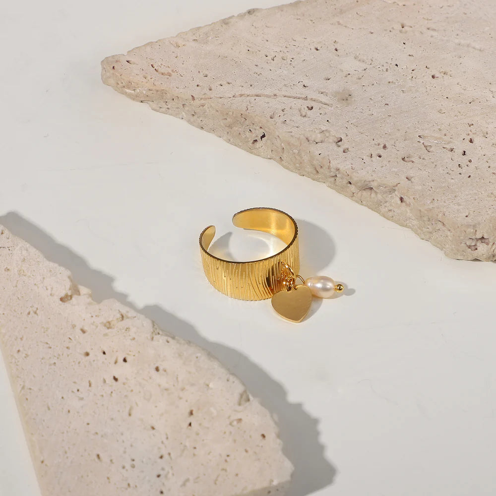Adjustable Heart & Star Charm Ring | Waterproof 18K Gold Plated Stainless Steel Ring for Women