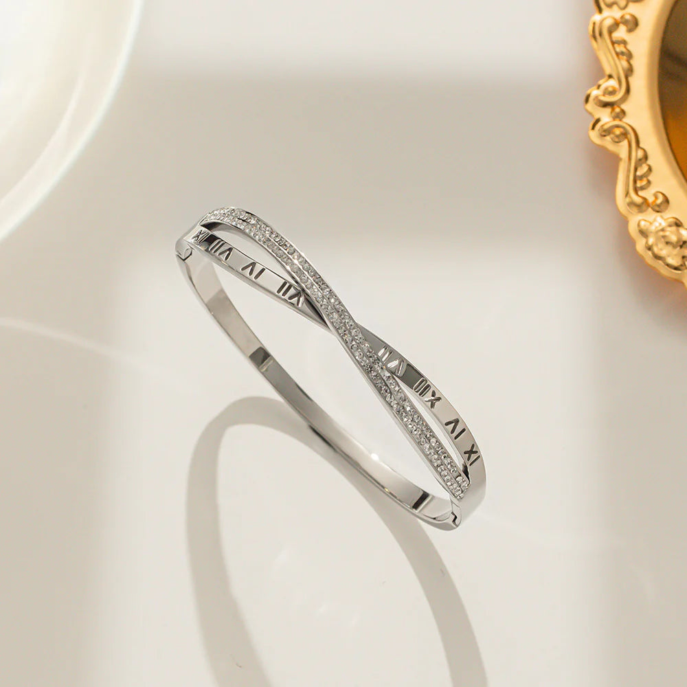 Roman Crystal Twist Bangle Bracelet – Waterproof Tarnish-Free Stainless Steel Cuff