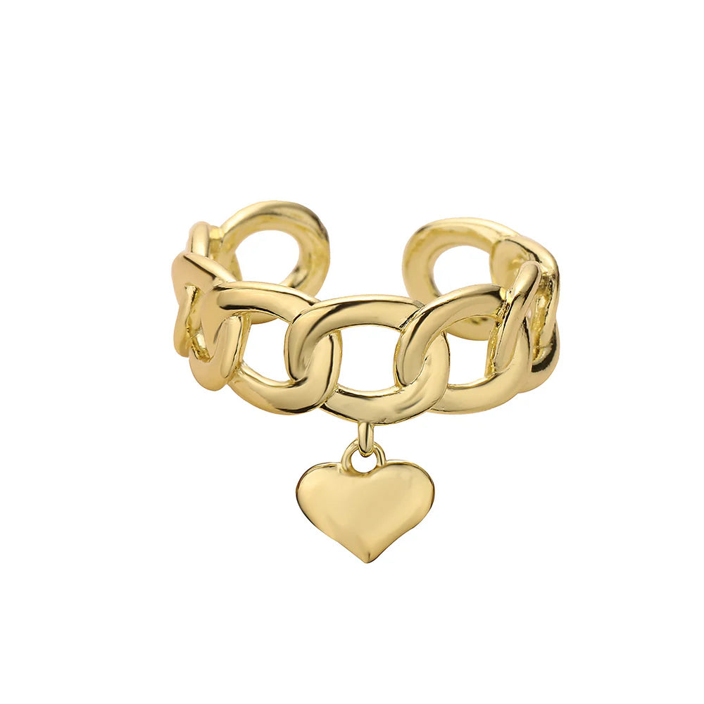Gold Chunky Chain Ring with Heart Charm