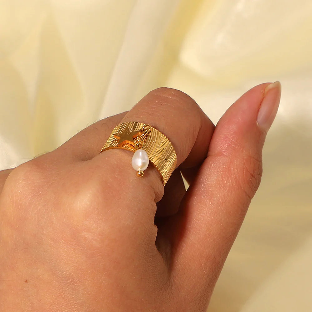 Adjustable Heart & Star Charm Ring | Waterproof 18K Gold Plated Stainless Steel Ring for Women