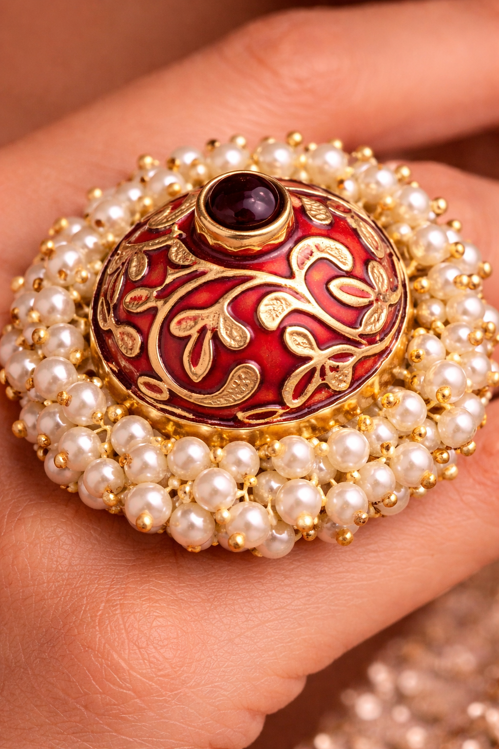 Traditional Red Meenakari Jhumka Ring