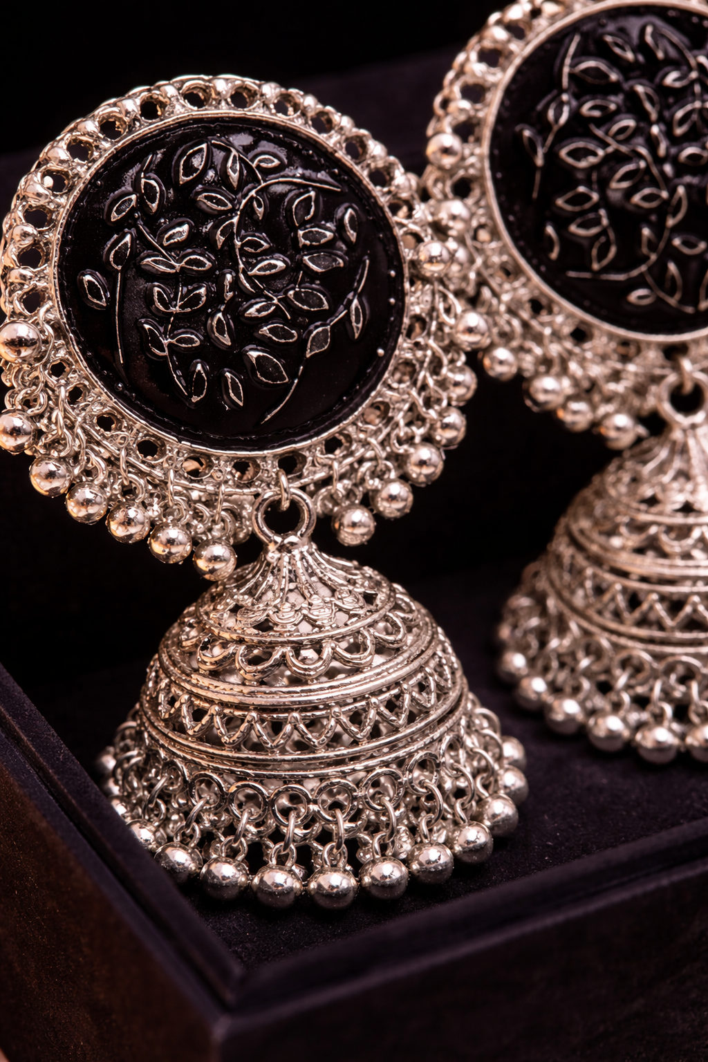 Vintage Black Stone Oxidised Jhumka Earrings