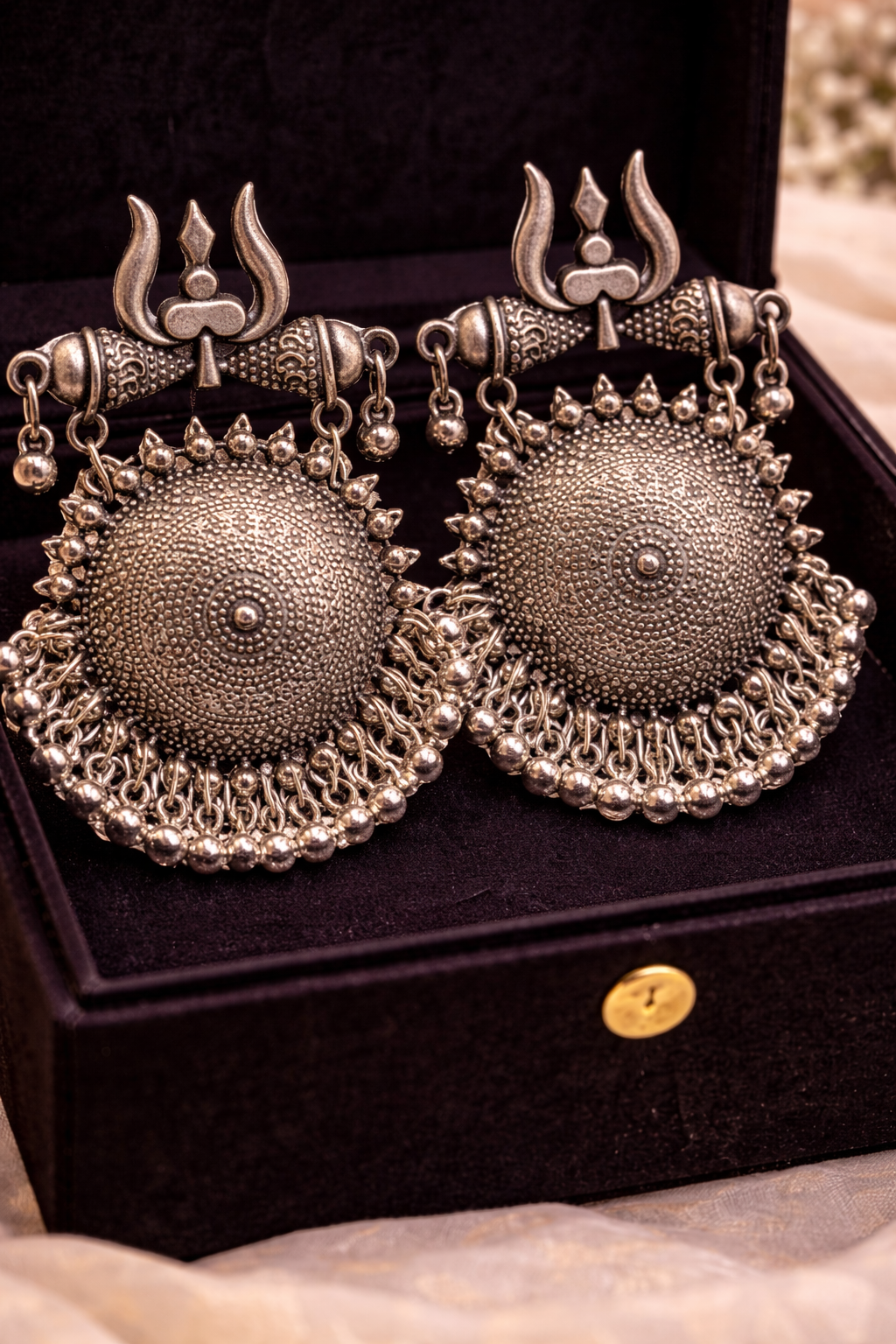 Oxidised Tribal Trishul Earrings