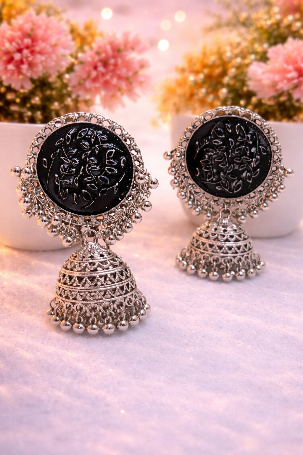 Vintage Black Stone Oxidised Jhumka Earrings