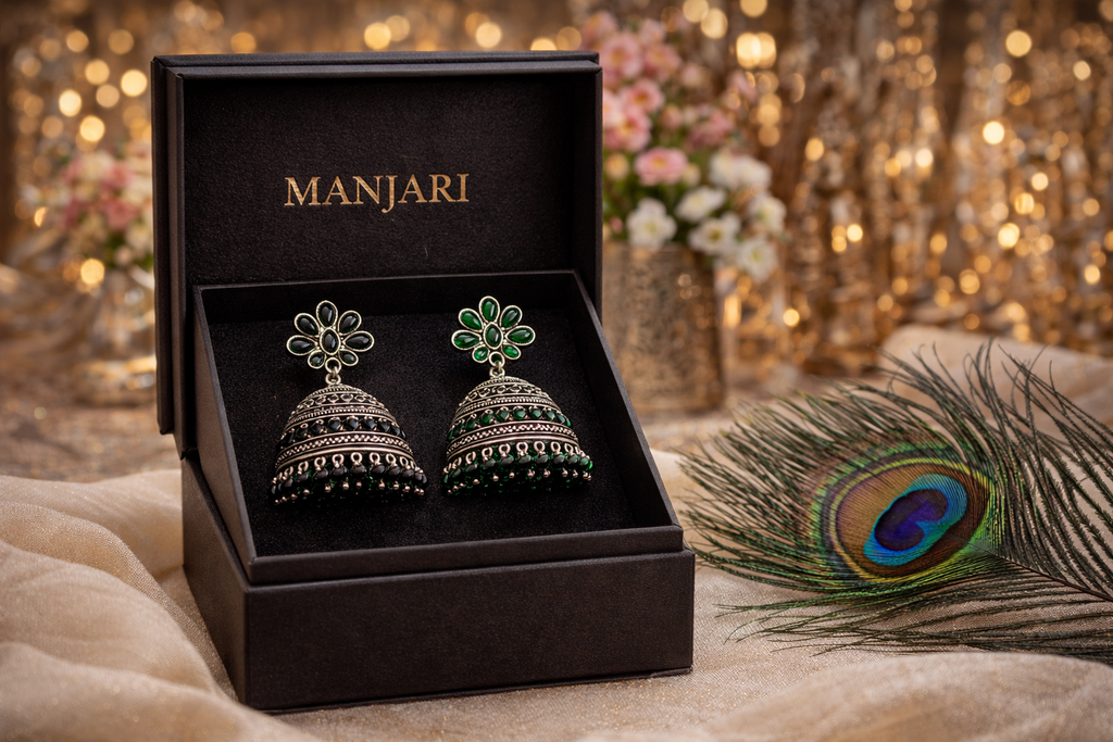 Oxidised Silver Floral Jhumka Earrings