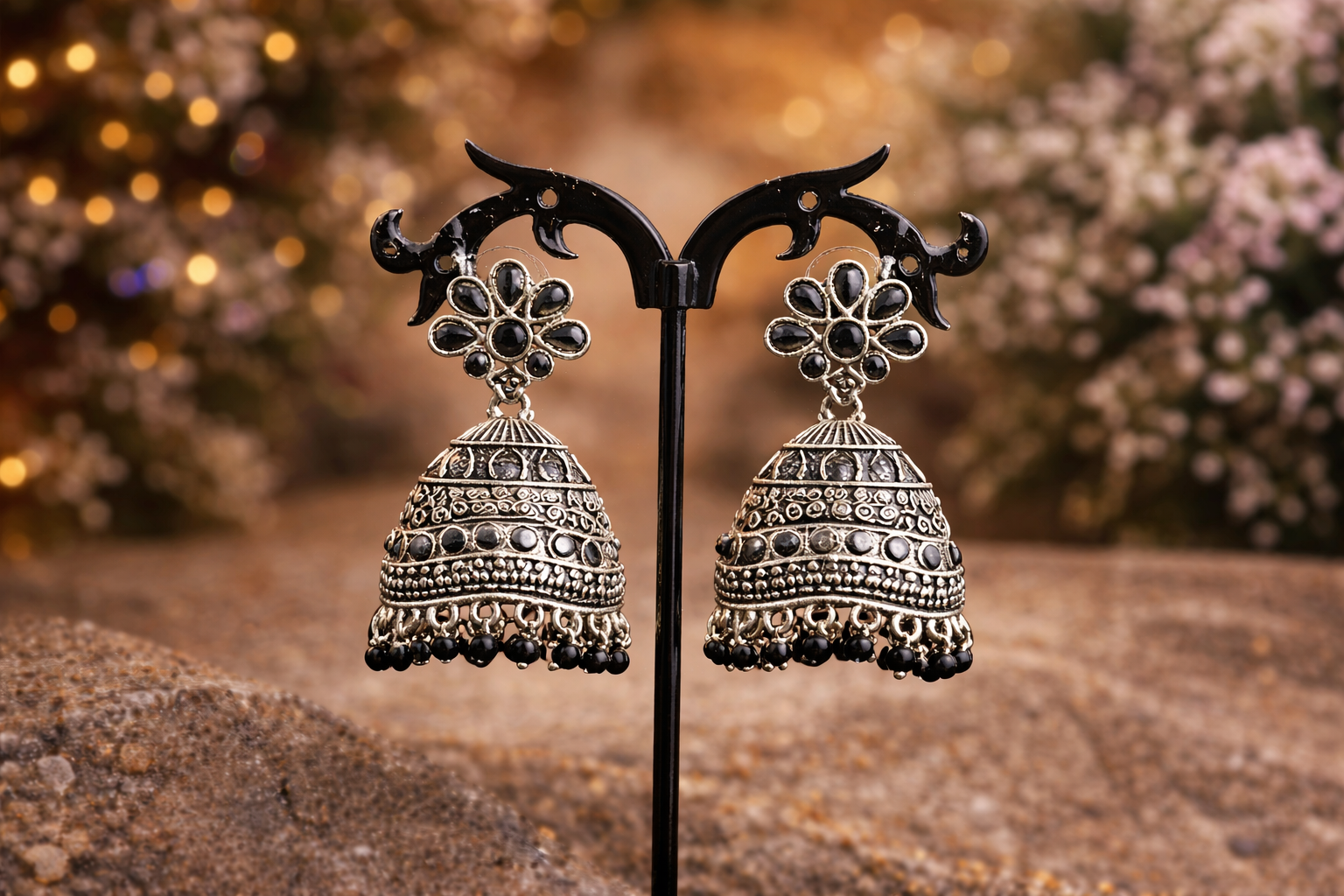 Oxidised Silver Floral Jhumka Earrings