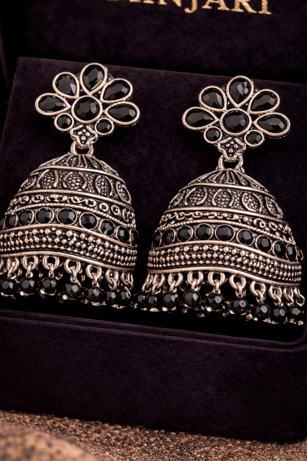 Oxidised Silver Floral Jhumka Earrings