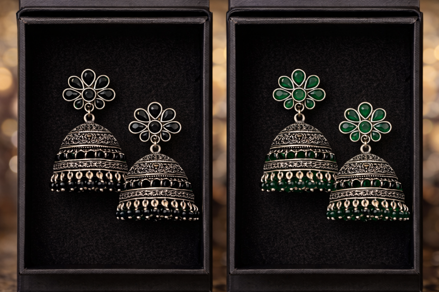 Oxidised Silver Floral Jhumka Earrings
