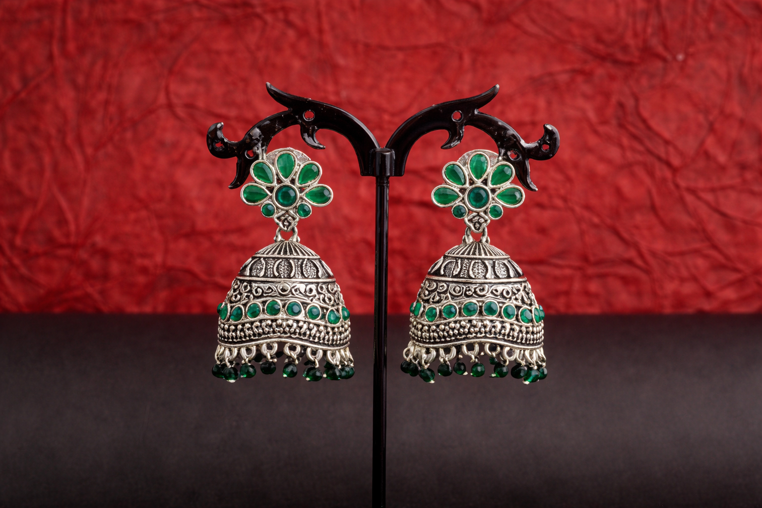 Oxidised Silver Floral Jhumka Earrings