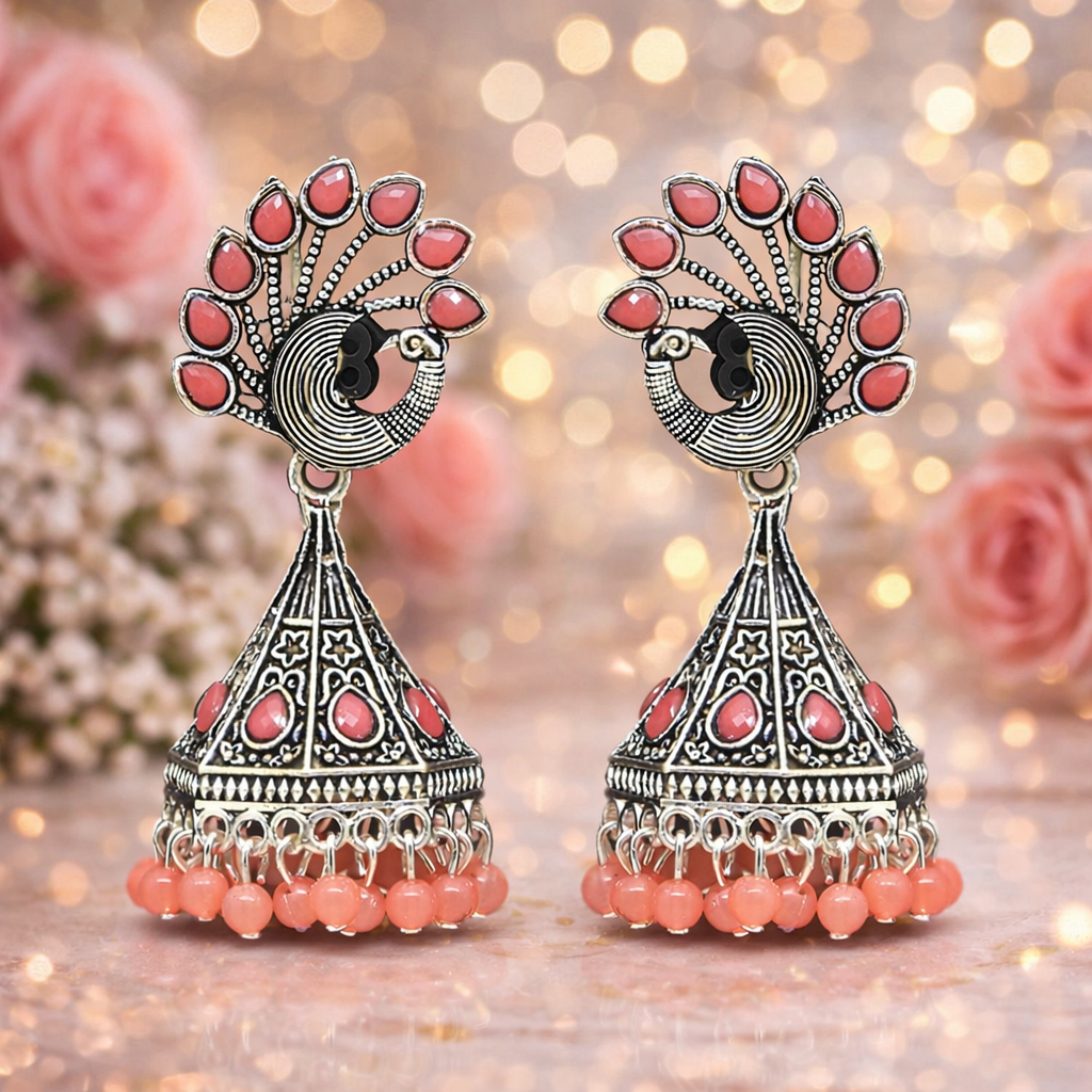 Peacock Grace Oxidised Jhumka Earrings